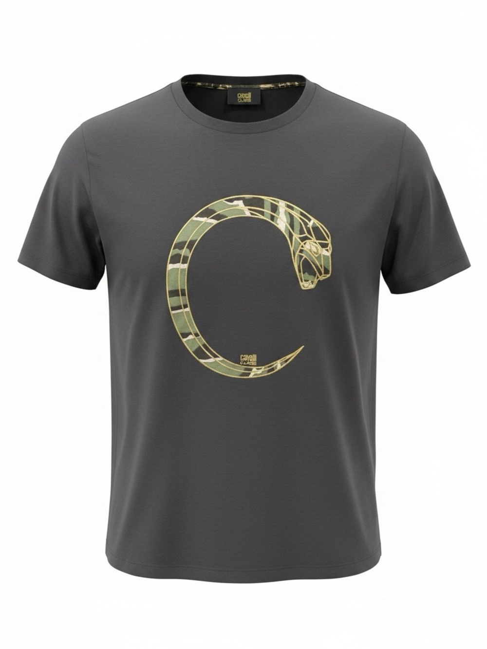 Roberto Cavalli Woman Black Tee with Gold Snake C Graphic XLarge